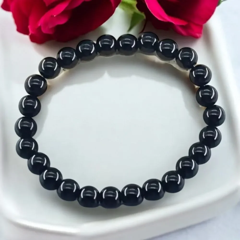 Black Onyx Beaded Bracelet Natural Stone 6mm High Gloss Positive Energy Amulet